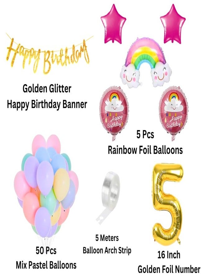 Flyloons Latex Rainbow Theme 5Th Birthday Decorations Kit Girls Boys Kids Baby Girl For 5 Year With Number Rainbow Pink Star Pink Purple Yellow Blue Green Pastel Balloons Happy Gold Banner, 58 Pcs - Image 2